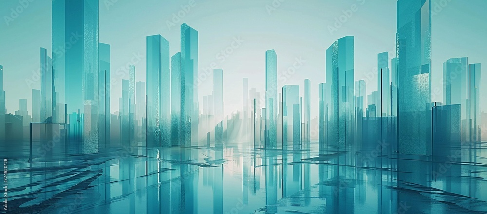 Abstract Metropolis in Blue: A High-Resolution Digital Cityscape with Glass Skyscrapers Reflecting on the Floor (Business Concept)