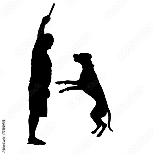 Silhouette of a man and a dog in an interactive stance, perfect for themes of pet training, companionship, and animal behavior.