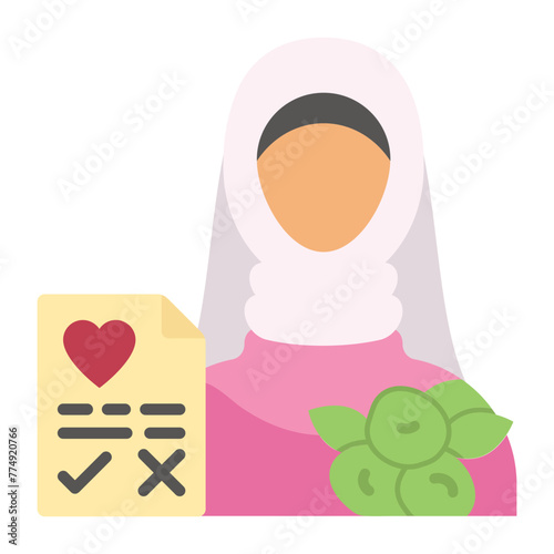 Hijabi Girl and Nikah process vector icon design, Muslim marriage Symbol, Islamic wedding customs Sign, Indian subcontinent matrimony stock illustration, Taking Bridge Consent for Marriage concept
