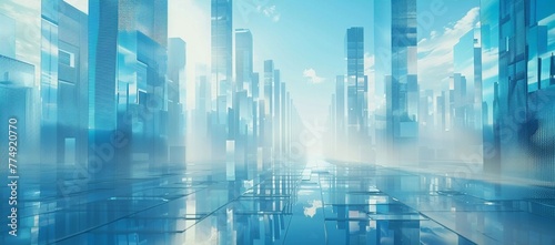 Abstract Metropolis in Blue  A High-Resolution Digital Cityscape with Glass Skyscrapers Reflecting on the Floor  Business Concept 