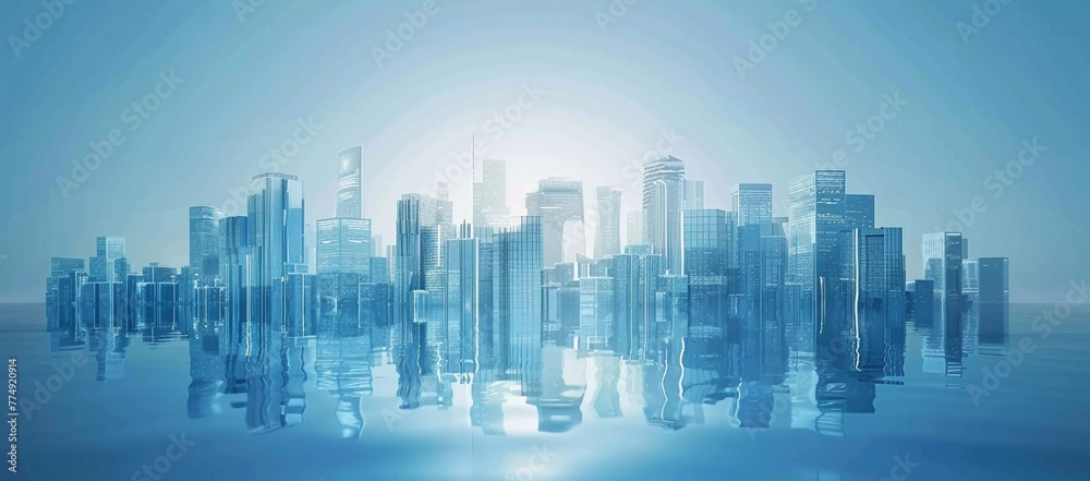 Abstract Metropolis in Blue: A High-Resolution Digital Cityscape with Glass Skyscrapers Reflecting on the Floor (Business Concept)