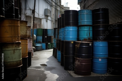 Сolorful, weathered oil barrels rows in warehouse, cargo ship, industrial vibe