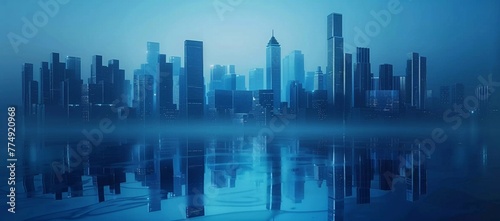 Abstract Metropolis in Blue  A High-Resolution Digital Cityscape with Glass Skyscrapers Reflecting on the Floor  Business Concept 