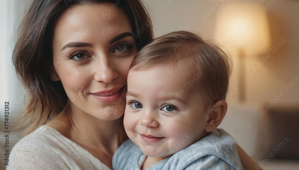 Portrait of a kind and happy mother holding her beautiful baby, concept of international mother's day Portrait of a kind and happy mother holding her beautiful baby, concept of international mother's day