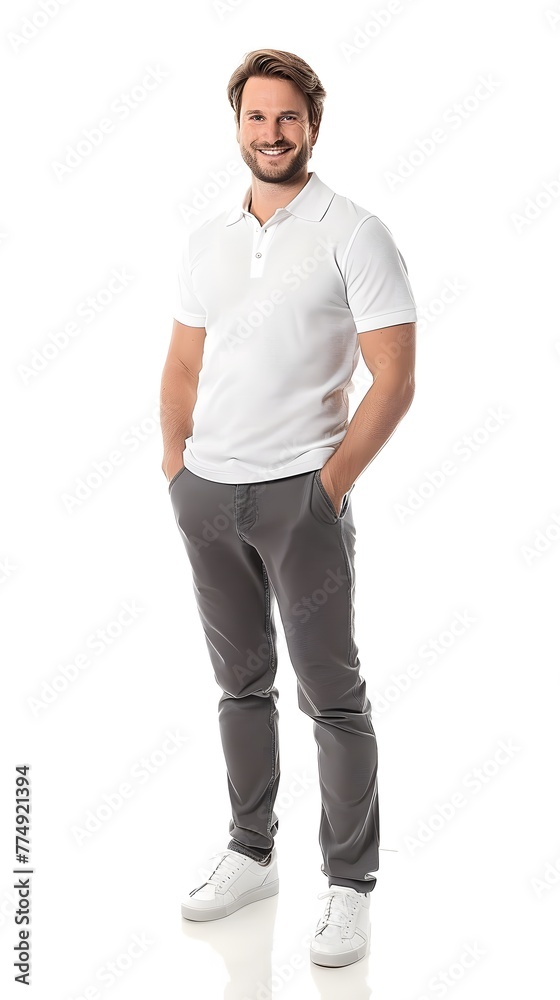 A handsome German man, standing, wearing a white polo shirt, with hand in the pocket A handsome German man, standing, wearing a white polo shirt, with hand in the pocket