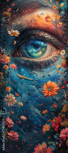 meditation galaxy print, in the style of psychedelic surrealism:, uhd image, psychedelic manga