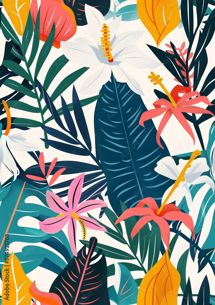 Fototapeta premium Tropical plants and flowers flat illustration seamless pattern