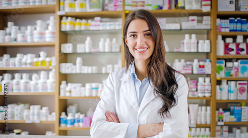 Portrait of a smiling female pharmacist in a white coat behind the counter of a pharmacy - pharmacist and medicines concept