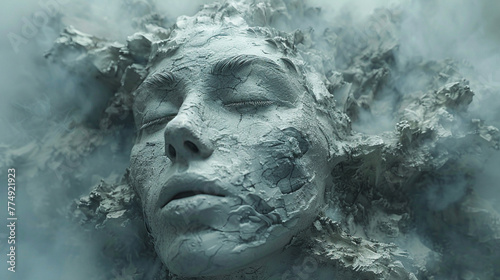 a white image of a head is shown with a gray background, in the style of surreal 3d landscapes
