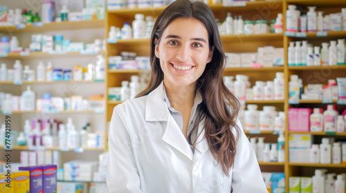 Portrait of a smiling female pharmacist in a white coat behind the counter of a pharmacy - pharmacist and medicines concept Free Download Portrait of a smiling female pharmacist in a white coat behind the counter of a pharmacy - pharmacist and medicines concept - GFXLoad