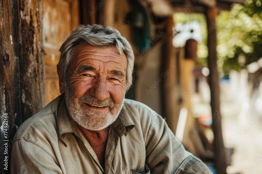 Portrait of an old man with grey beard and mustache in the village Portrait of an old man with grey beard and mustache in the village