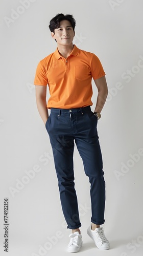A handsome japanese man, standing, wearing an orange polo shirt, with hand in the pocket