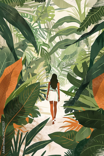 an illustration of a fashion girl walking through jungle i, in the style of mediterranean-inspired