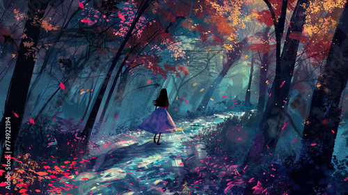 a girl is walking in forest path, in the style of children's book illustrations, colouful