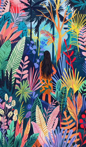 illustration of jungle girl , colorful gardens, illustrative storytelling illustration in the style of visual puns