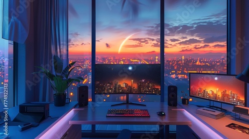 Computer Desk With Monitor and Keyboard