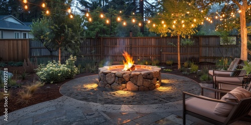 rustic, inviting area in the backyard centered around a welcoming fire pit