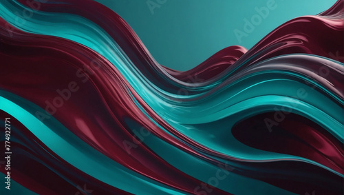 Abstract aquamarine and maroon liquid wavy shapes futuristic banner. Glowing retro waves vector background.