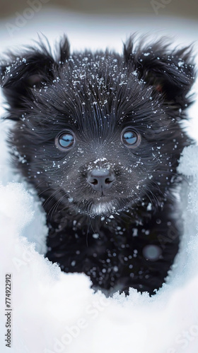 Small Black Dog With Blue Eyes Sitting in Snow