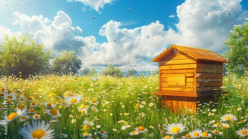 An illustration with a wooden bee hive on a floral background.