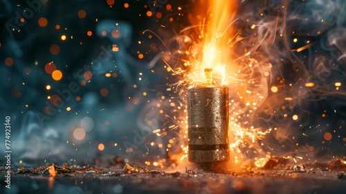Fire flash of a bomb cartridge explosion close-up