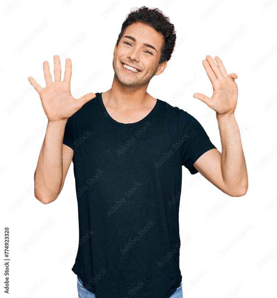 Young handsome man wearing casual black t shirt showing and pointing up with fingers number nine while smiling confident and happy. Young handsome man wearing casual black t shirt showing and pointing up with fingers number nine while smiling confident and happy.