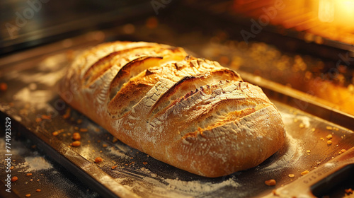 Capture an ultra-realistic photo of a freshly baked loaf of bread