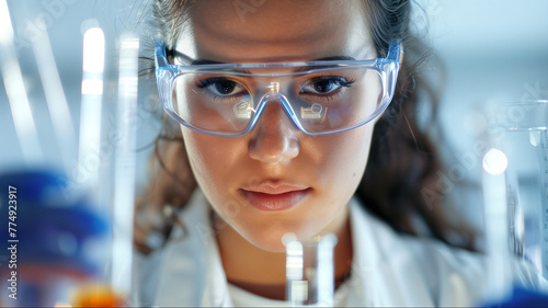 Young female scientist in lab coat and protective glasses working with test tubes and microscope. photo