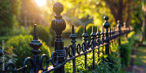 Sturdy, wrought iron fence with decorative finials photo