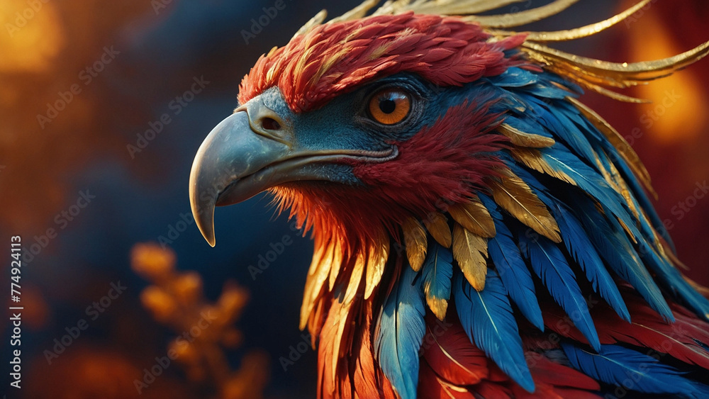Close-up portrait of a blue-red-gold phoenix