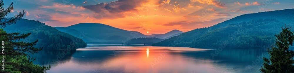 A beautiful sunset over a lake with mountains in the background, AI A beautiful sunset over a lake with mountains in the background, AI