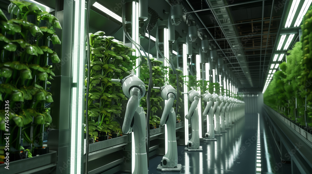 Vertical Farming Robotics, robots tending to vertical farming towers indoors, adjusting light and nutrient levels to optimize plant growth