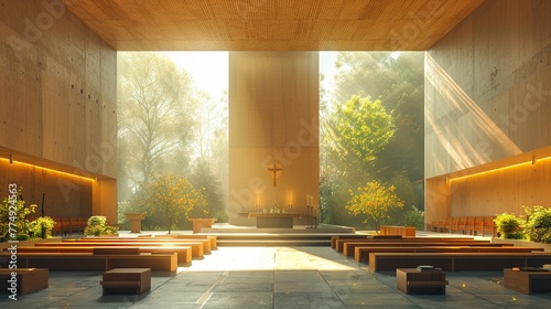 Modern minimalist chapel with simple architectural lines and natural lighthigh detailed