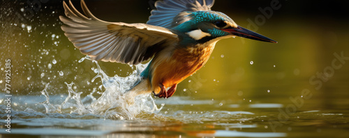 Kingfisher catching fish. Small bird king fisher in fly. © Alena