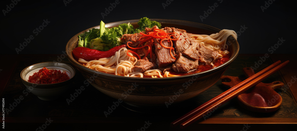 Bowl of noodles with meat and vegetables