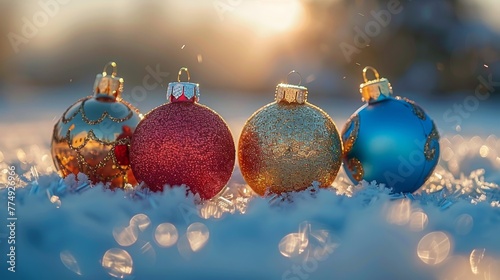 Group of Red Christmas Ornaments on Snow-Covered Ground
