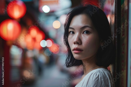 Portrait of a beautiful asian woman in the street at night