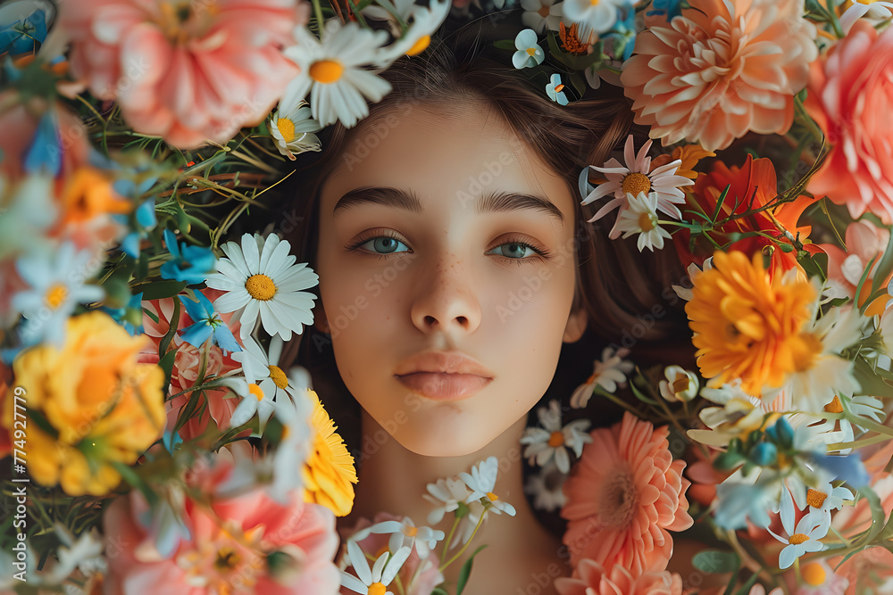 A beautiful woman surrounded by flowers, representing mental health, women's day, or mother's day concepts.