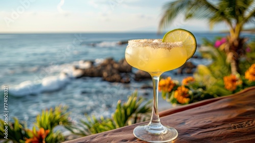 Margarita on Wooden Table by Ocean
