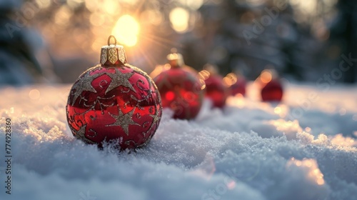 Group of Red Ornaments on Snowy Ground