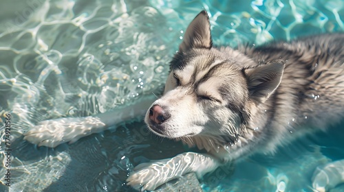 Siberian Husky Floating in A Dreamy Pool 