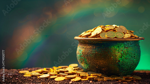 Saint Patrick's Day and Leprechaun's pot of gold coins concept with a rainbow indicating where the leprechaun hid treasure on green with copy space. St Patrick is the patron saint of Ireland: