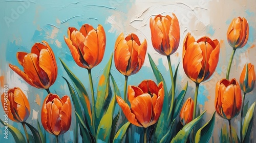 orange tulips flower close-up pastel oil pallet knife paint painting on canvas with large brush strokes modern art illustration abstract from Generative AI #774928780