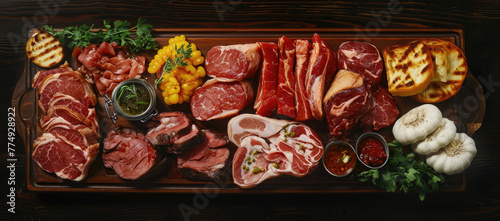 Platter of meats and vegetables on wooden table