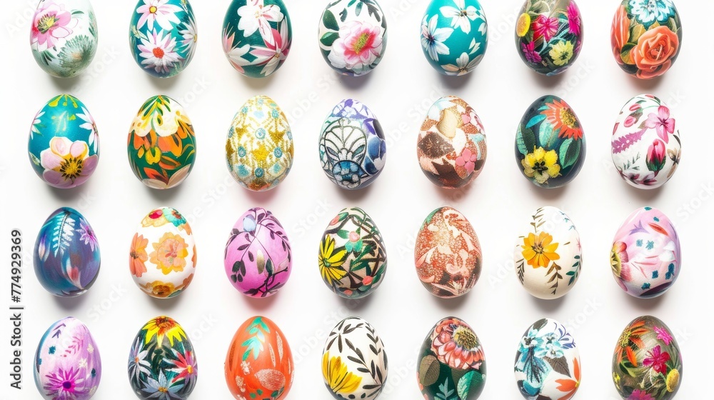 Collection of colourful hand painted decorated easter eggs on white background cutout file. Pattern and floral set. Many different design. Mockup template for artwork design