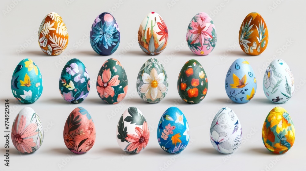 Collection of colourful hand painted decorated easter eggs on white background cutout file. Pattern and floral set. Many different design. Mockup template for artwork design Collection of colourful hand painted decorated easter eggs on white background cutout file. Pattern and floral set. Many different design. Mockup template for artwork design