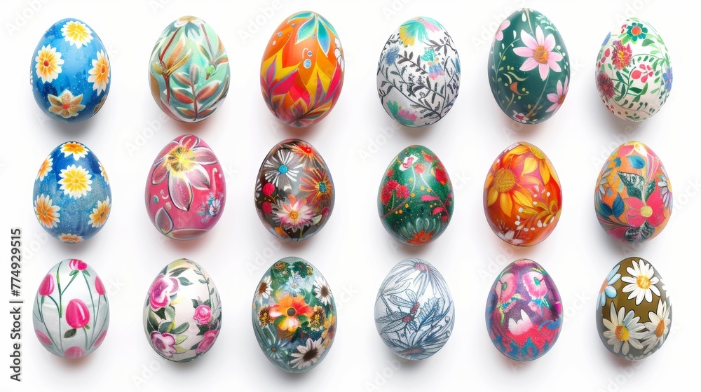 Collection of colourful hand painted decorated easter eggs on white background cutout file. Pattern and floral set. Many different design. Mockup template for artwork design Collection of colourful hand painted decorated easter eggs on white background cutout file. Pattern and floral set. Many different design. Mockup template for artwork design