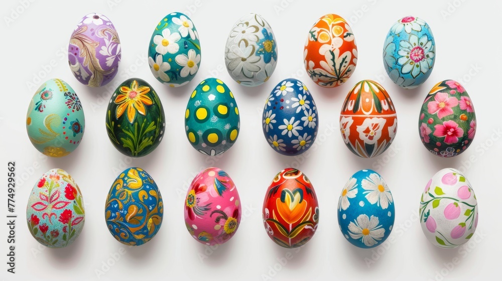 Collection of colourful hand painted decorated easter eggs on white background cutout file. Pattern and floral set. Many different design. Mockup template for artwork design Collection of colourful hand painted decorated easter eggs on white background cutout file. Pattern and floral set. Many different design. Mockup template for artwork design