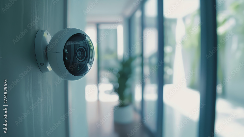 White wifi surveillance camera installed inside a house. Elegant ip cctv camera with alarm for home protection and security White wifi surveillance camera installed inside a house. Elegant ip cctv camera with alarm for home protection and security