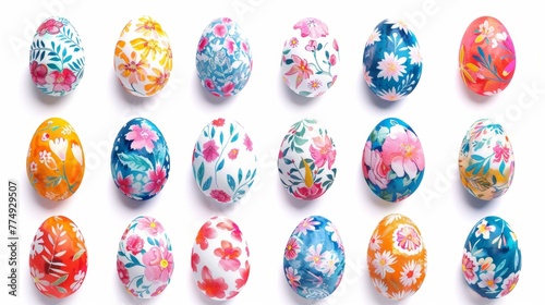 Collection of colourful hand painted decorated easter eggs on white background cutout file. Pattern and floral set. Many different design. Mockup template for artwork design